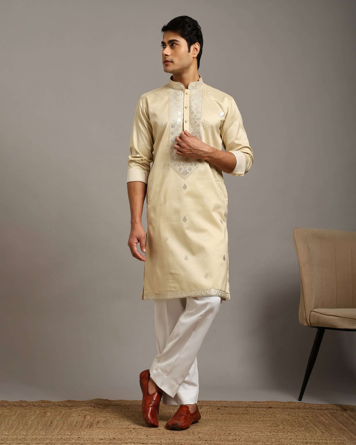Noor Ivory Engagement Kurta for Men with Embroidery Work