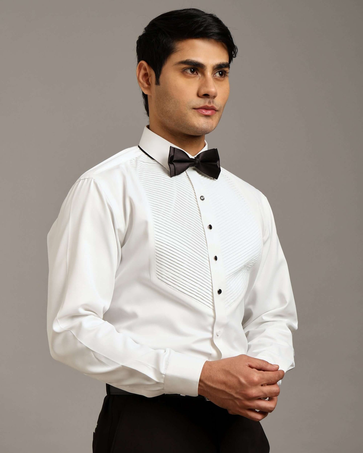 Chevron Pleated White Tuxedo Shirt for Men