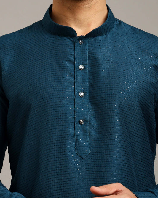 Crease India Pratha Sequin Embroidery Work Teal Blue Party Kurta for Men, perfect men’s kurta for cocktail party, wedding reception, sangeet night and Indian cultural event, worldwide delivery available.