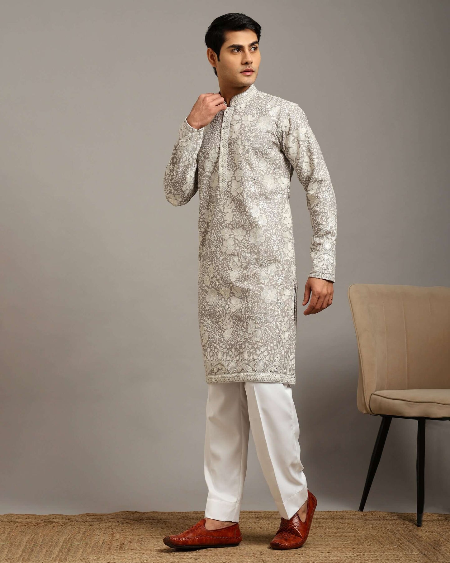 Silver Grey Floral Embroidered Georgette Wedding Kurta for Men
