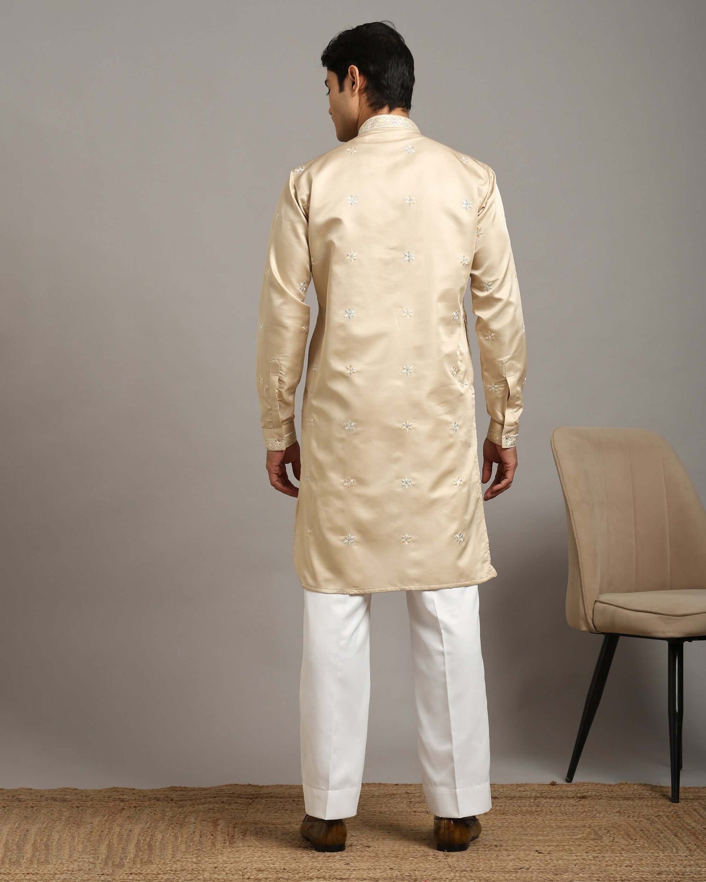 Ira Floral Embroidery Engagement Champagne Kurta for Men