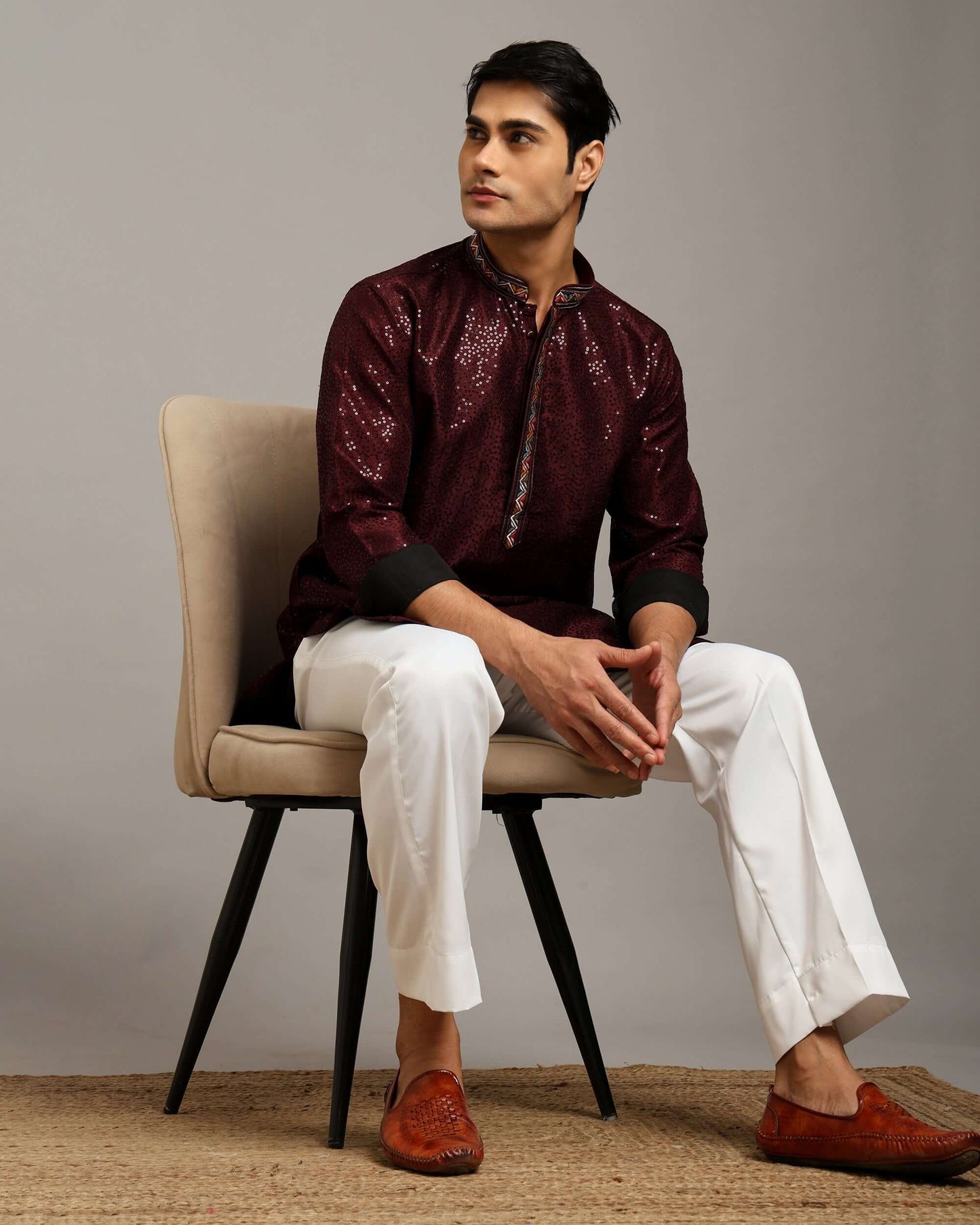 Crease India Zariya Sequin Embroidered Maroon Sangeet Kurta for Men, perfect men’s kurta for sangeet night, wedding reception, cocktail party and Indian cultural event, worldwide delivery available.