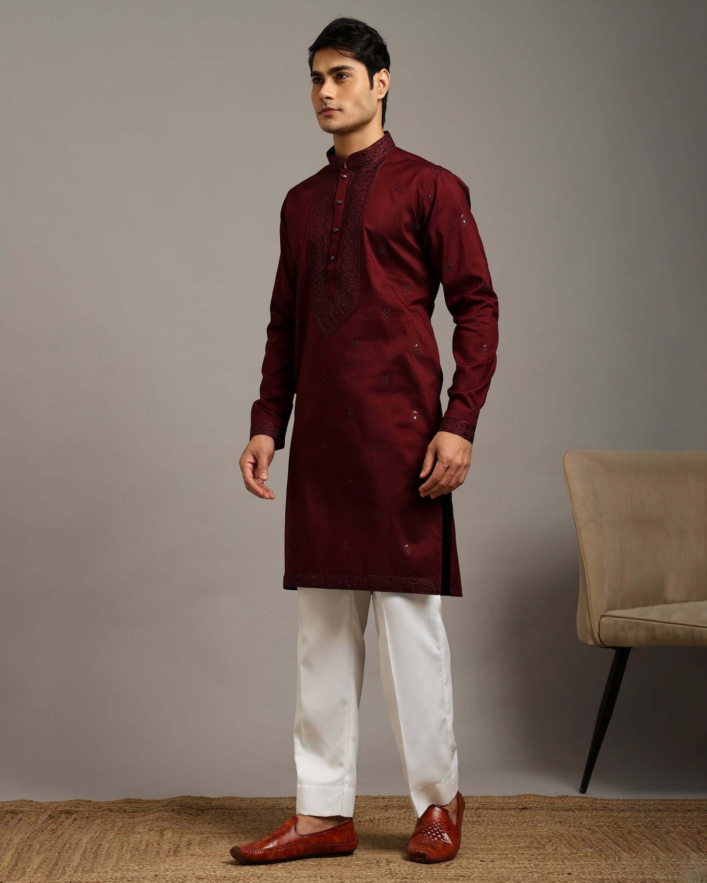Noor Wine Wedding Kurta for Men with Embroidery Work