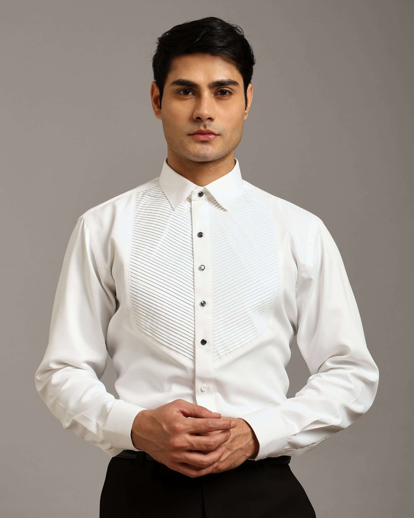 Chevron Pleated White Tuxedo Shirt for Men