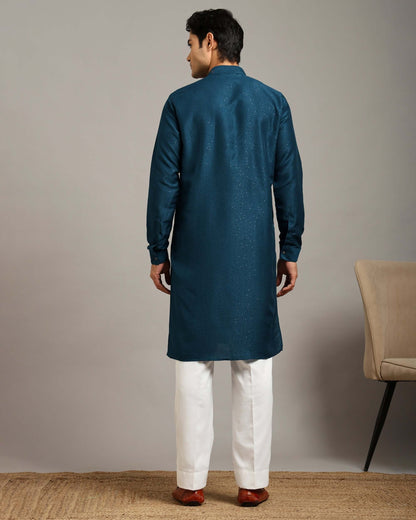 Crease India Pratha Sequin Embroidery Work Teal Blue Party Kurta for Men, perfect men’s kurta for cocktail party, wedding reception, sangeet night and Indian cultural event, worldwide delivery available.