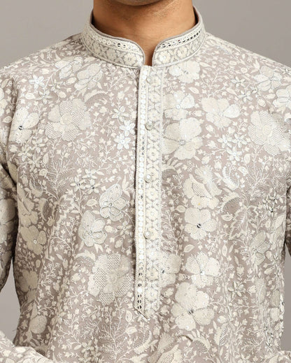 Silver Grey Floral Embroidered Georgette Wedding Kurta for Men