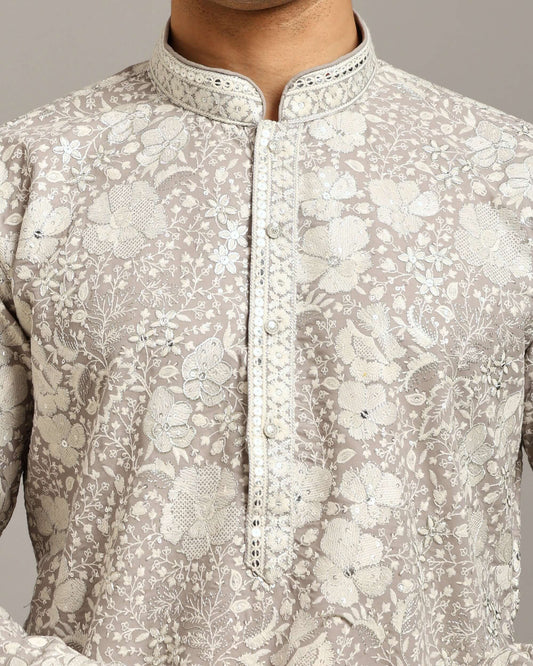 Silver Grey Floral Embroidered Georgette Wedding Kurta for Men