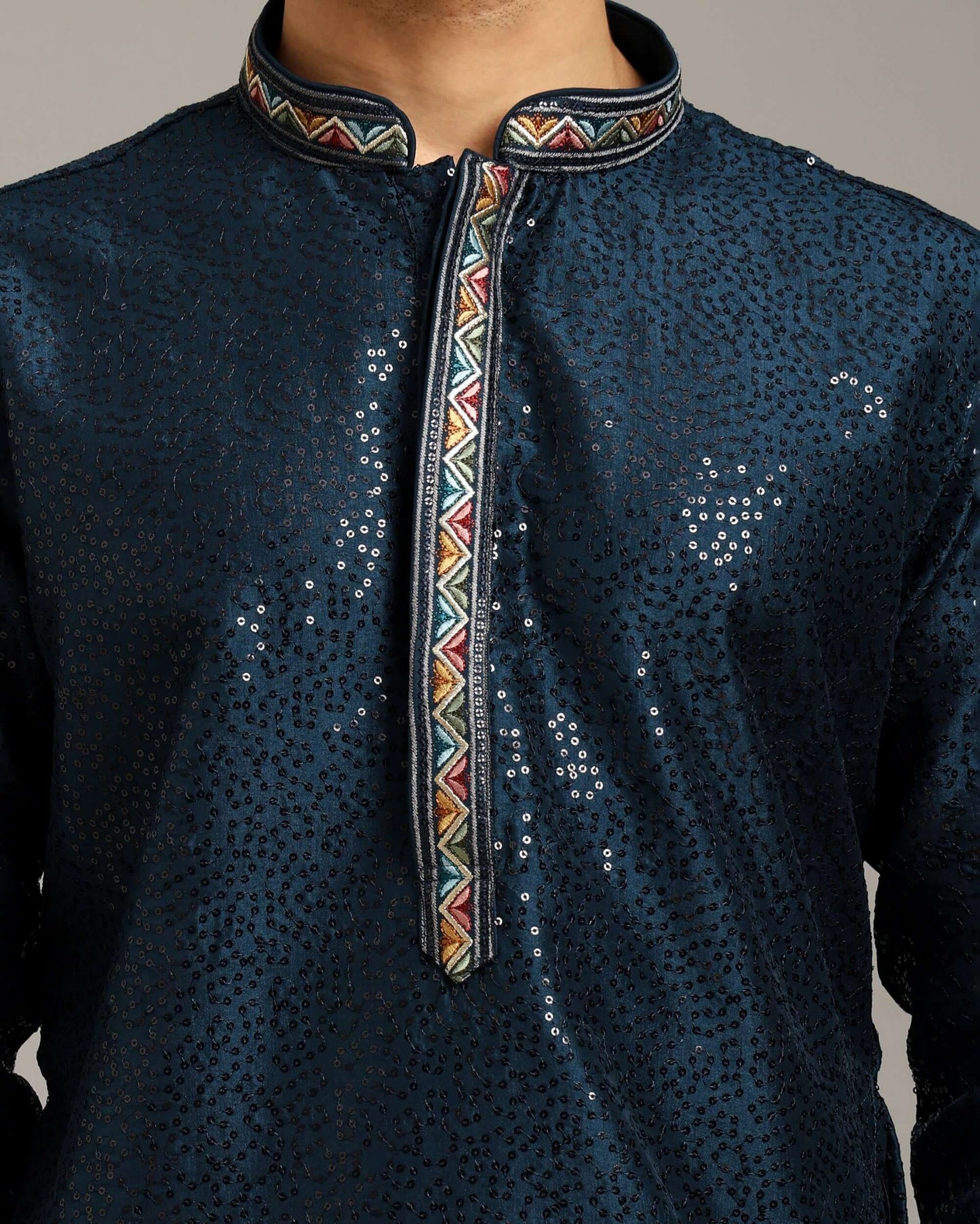 Crease India Zariya Sequin Embroidered Navy Blue Party Kurta for Men, perfect men’s kurta for cocktail party, wedding reception, sangeet night and Indian cultural event, worldwide delivery available.