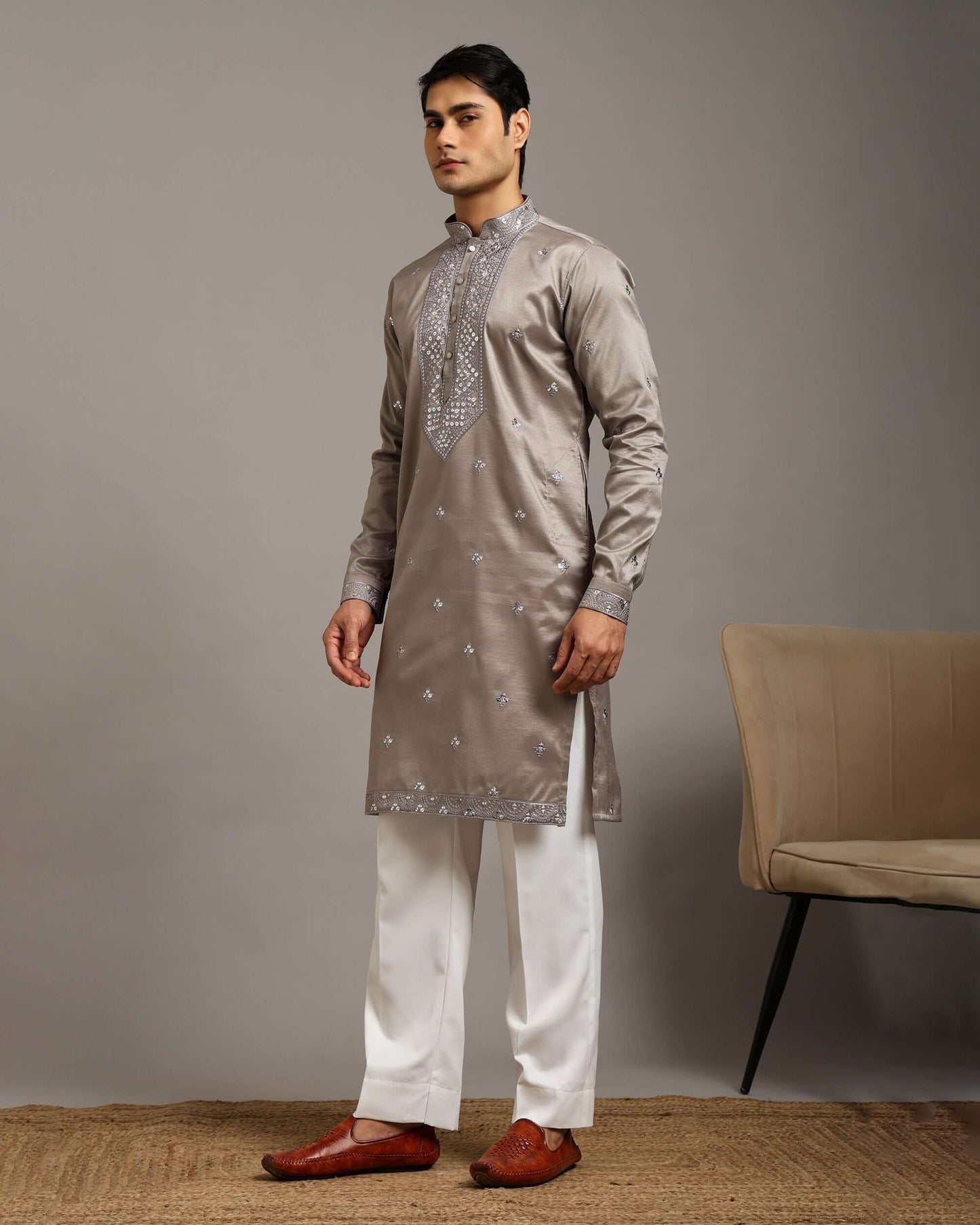 Noor Silver Grey Reception Kurta for Men with Embroidery Work