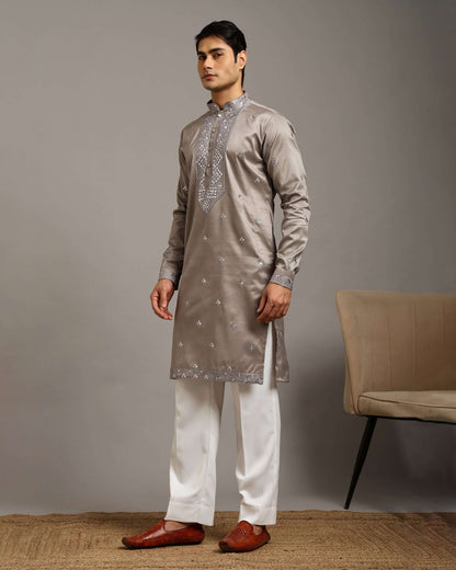 Noor Silver Grey Reception Kurta for Men with Embroidery Work