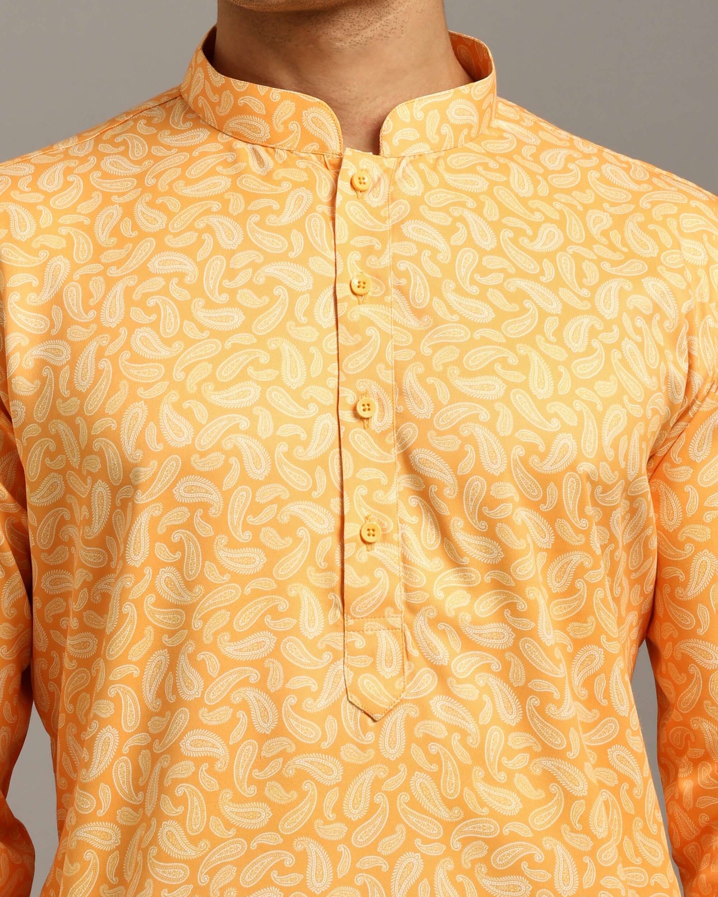 Sama Satin Printed Mustard Yellow Kurta for Men