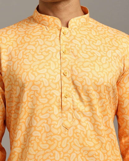 Sama Satin Printed Mustard Yellow Kurta for Men