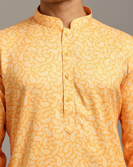Sama Satin Printed Mustard Yellow Kurta for Men