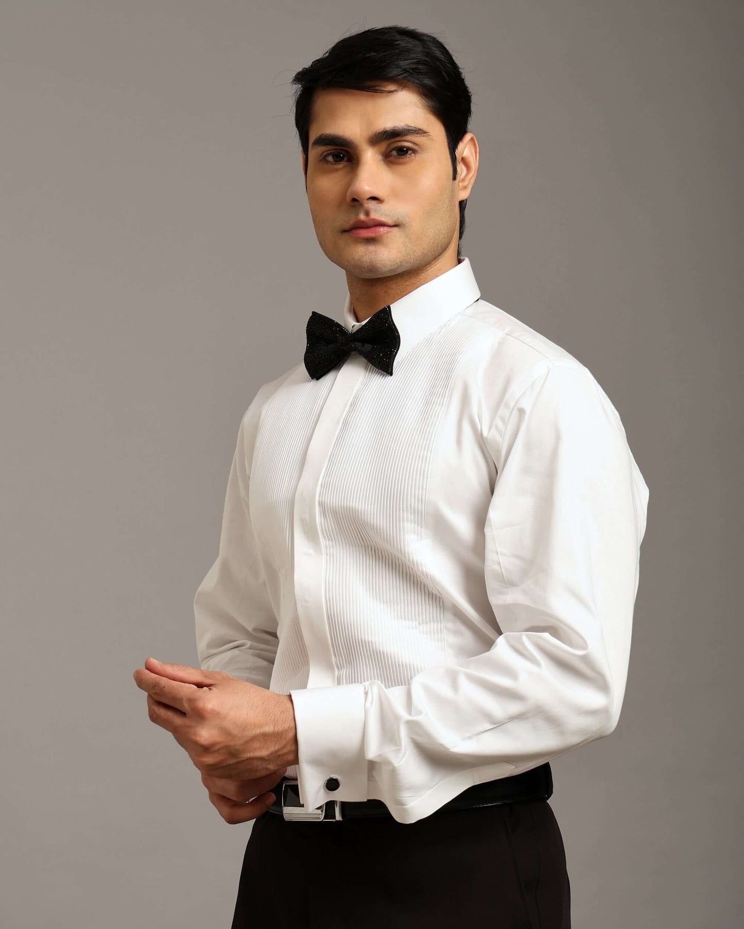 Wide Pintex White Tuxedo Shirt for Men with French Cuffs