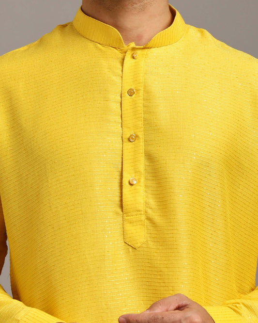 Crease India Pratha Sequin Embroidery Work Yellow Haldi Kurta for Men, perfect men’s kurta for haldi function, Indian day wedding, religious ceremony and Indian cultural event, worldwide delivery available.