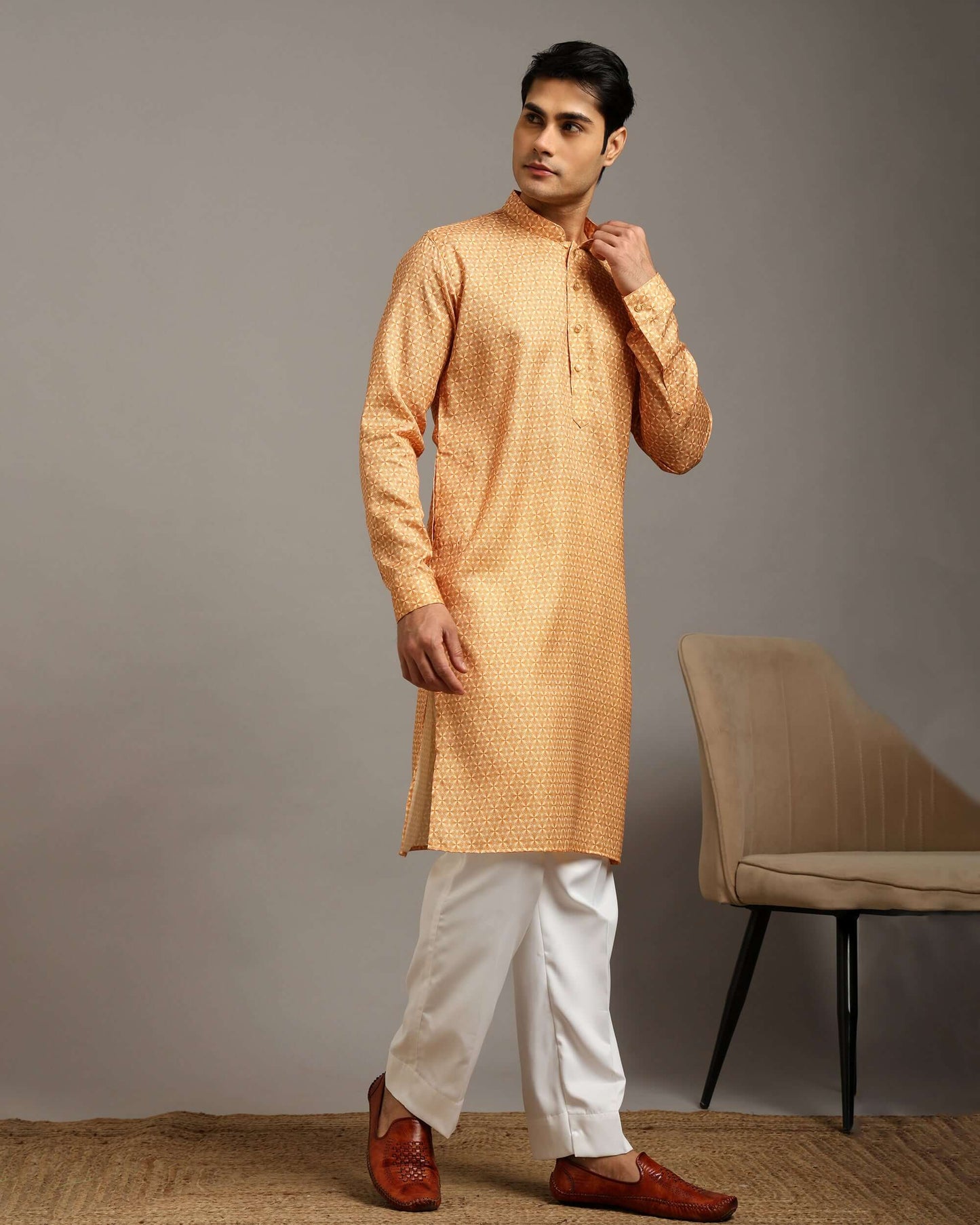 Sama Satin Printed Yellow Kurta for Men