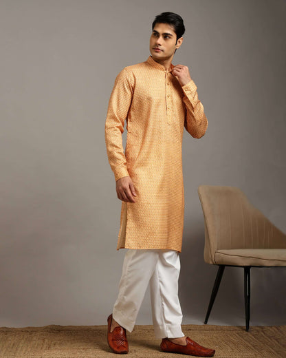 Sama Satin Printed Yellow Kurta for Men