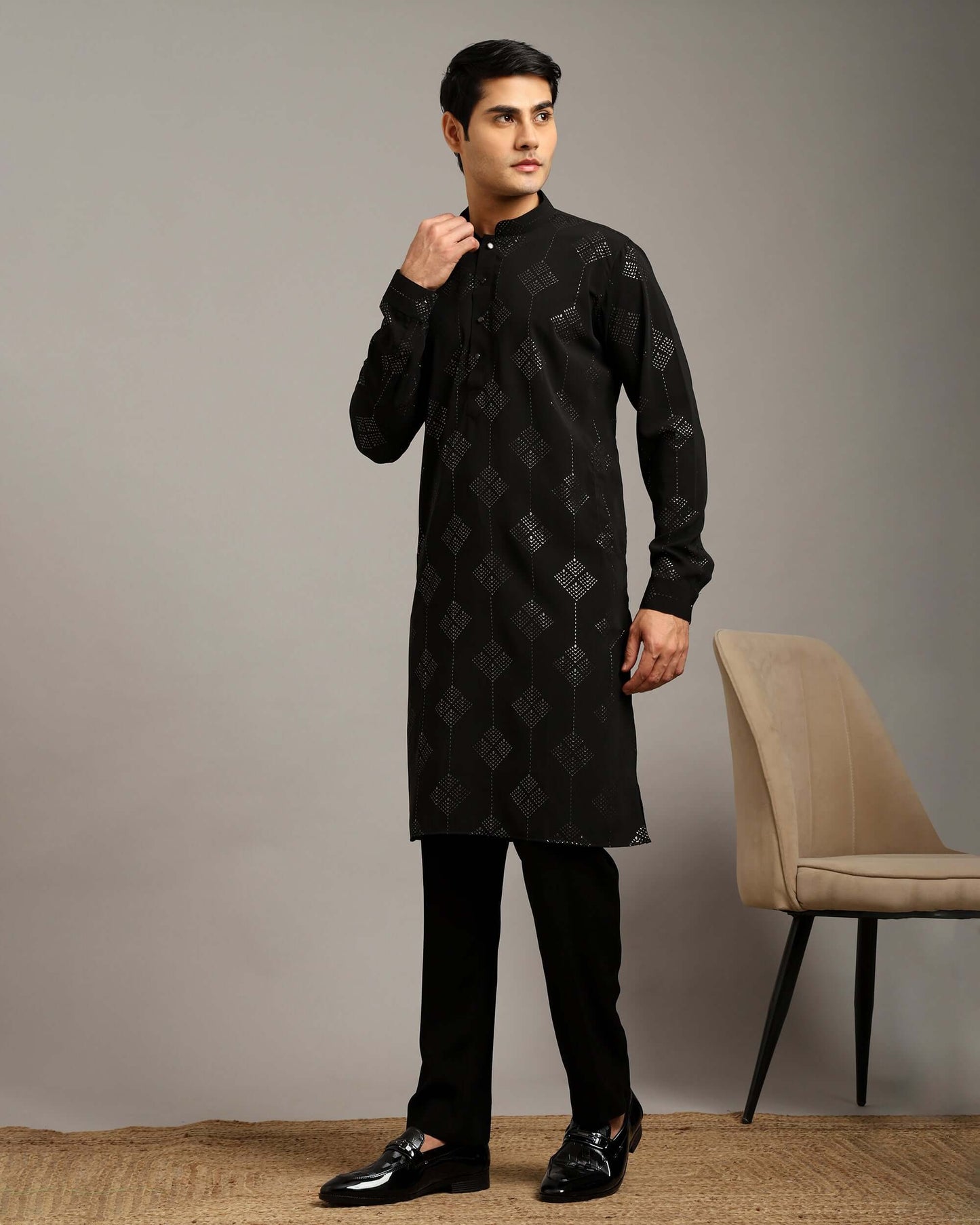 Aarv Printed Black Sangeet Kurta for Men