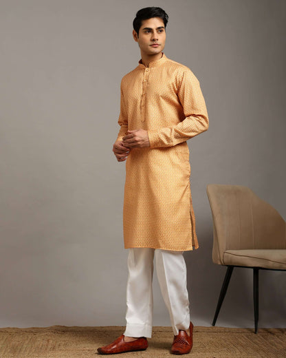 Sama Satin Printed Yellow Kurta for Men