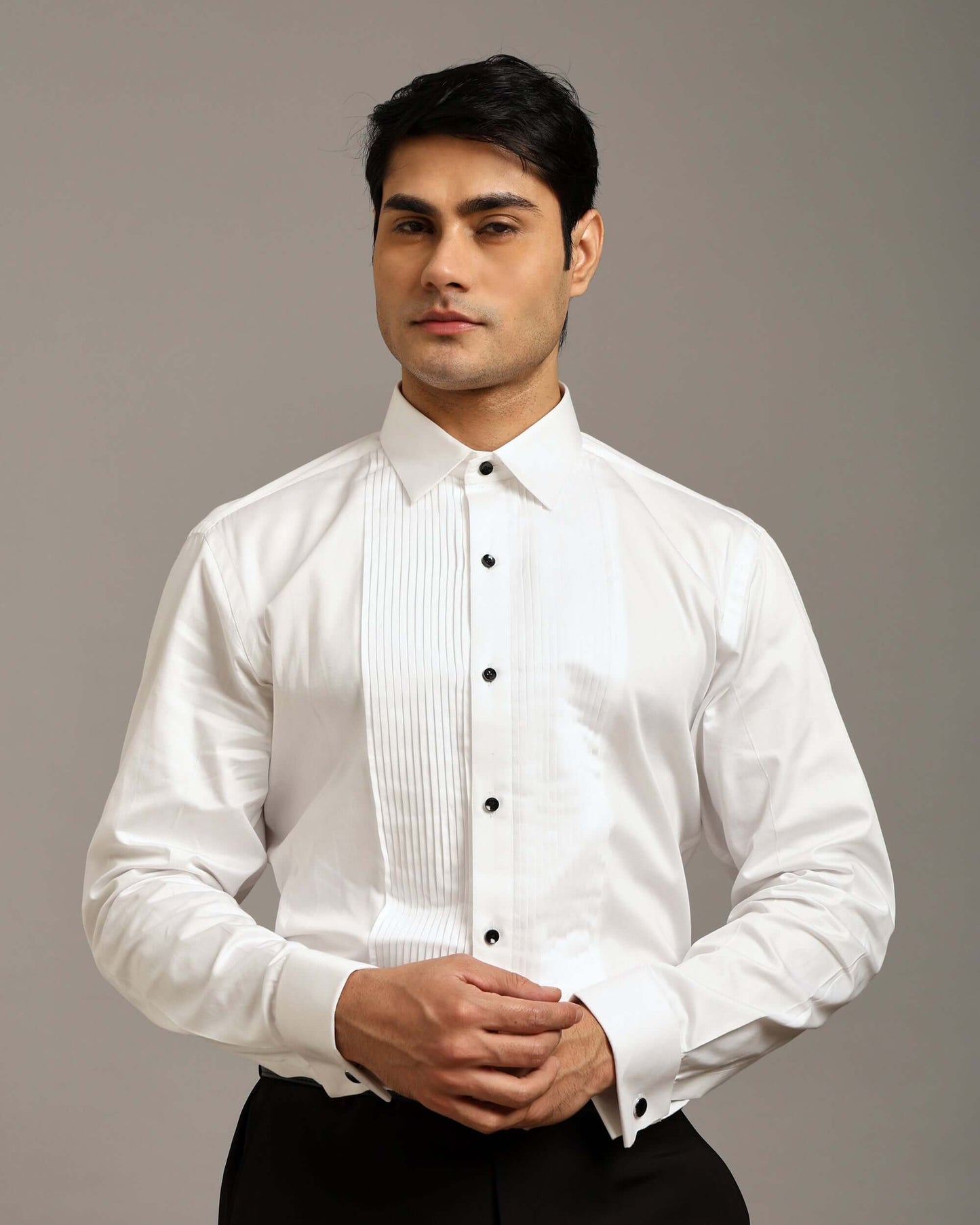 Classic Pintex White Tuxedo Shirt with Spread Collar and French Cuffs