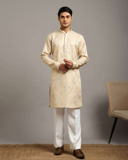 Ira Floral Embroidery Engagement Champagne Kurta for Men