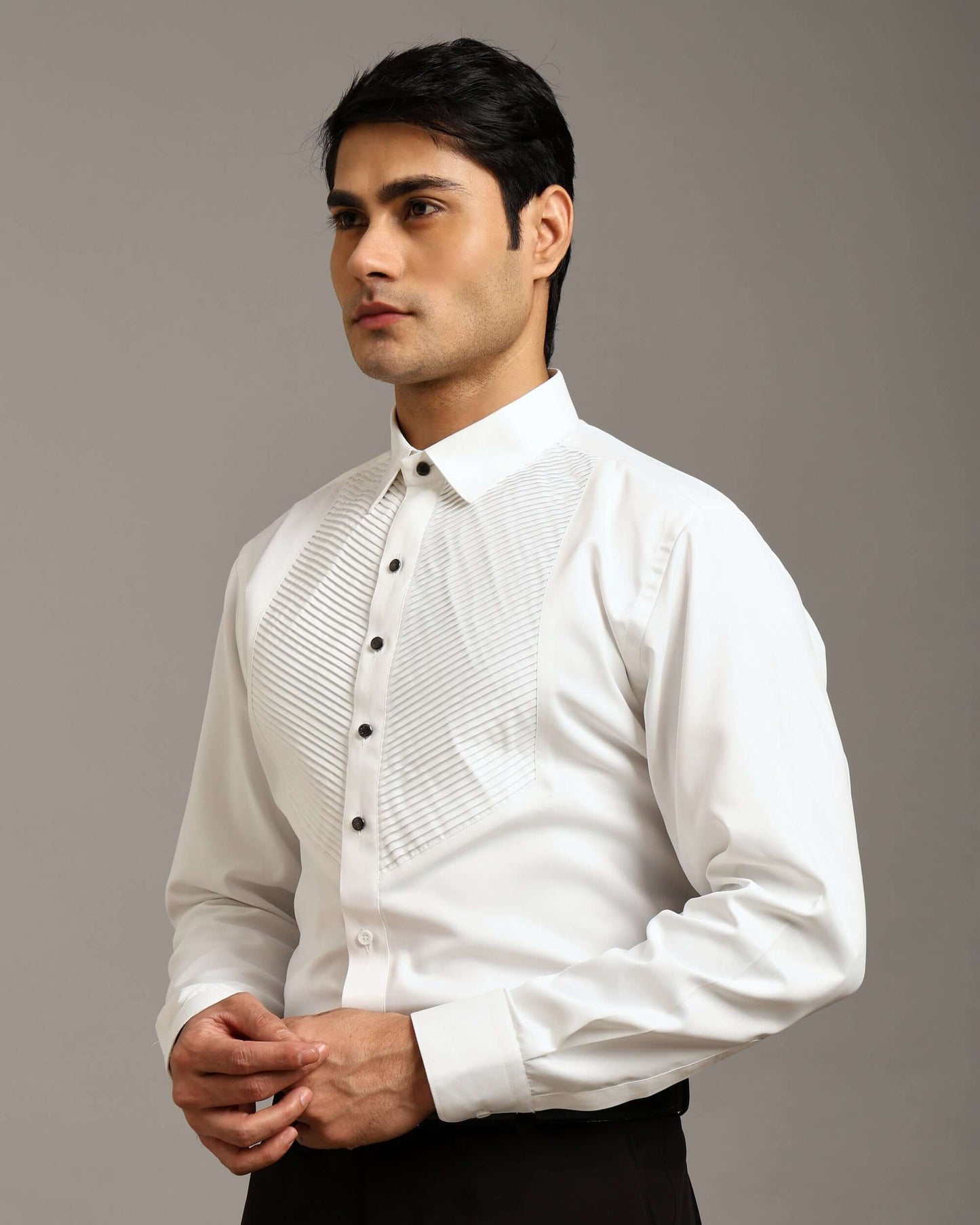 Chevron Pleated White Tuxedo Shirt for Men