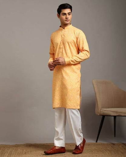 Sama Satin Printed Mustard Yellow Kurta for Men