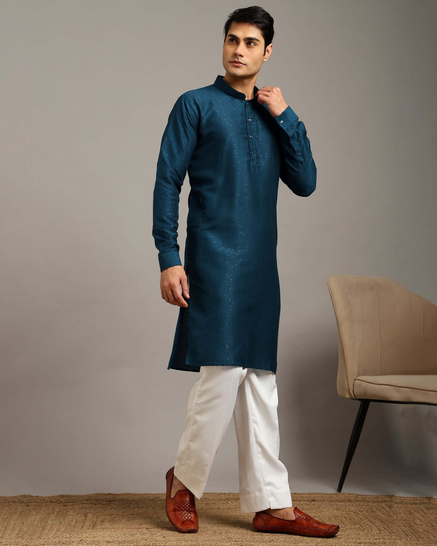 Crease India Pratha Sequin Embroidery Work Teal Blue Party Kurta for Men, perfect men’s kurta for cocktail party, wedding reception, sangeet night and Indian cultural event, worldwide delivery available.