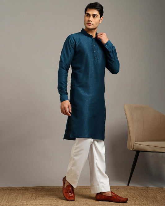 Crease India Pratha Sequin Embroidery Work Teal Blue Party Kurta for Men, perfect men’s kurta for cocktail party, wedding reception, sangeet night and Indian cultural event, worldwide delivery available.