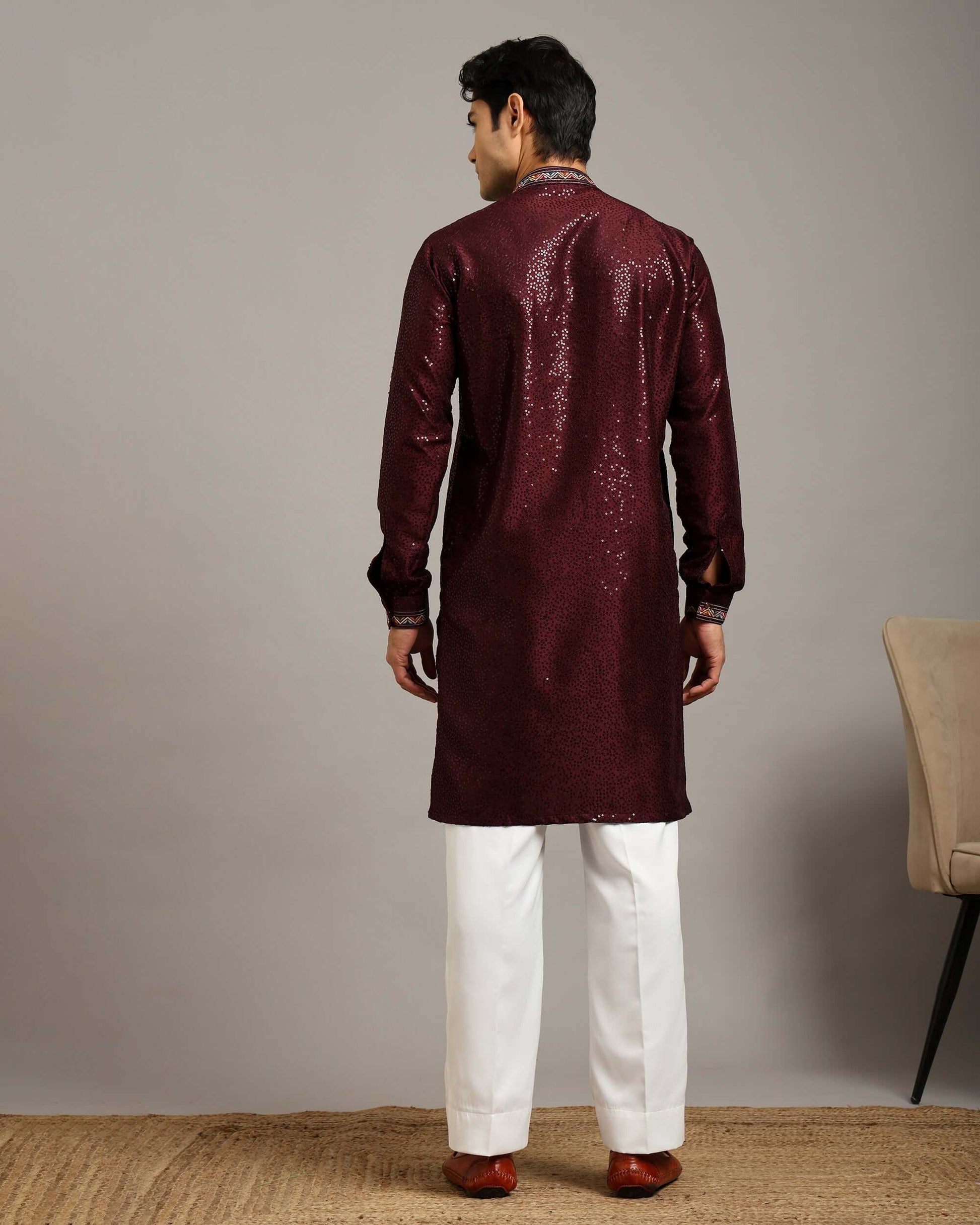Crease India Zariya Sequin Embroidered Maroon Sangeet Kurta for Men, perfect men’s kurta for sangeet night, wedding reception, cocktail party and Indian cultural event, worldwide delivery available.