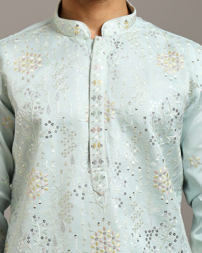 Ira Floral Embroidery Wedding Sky Blue Kurta for Men