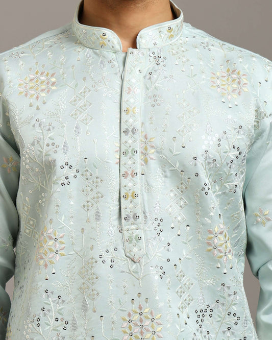 Ira Floral Embroidery Wedding Sky Blue Kurta for Men