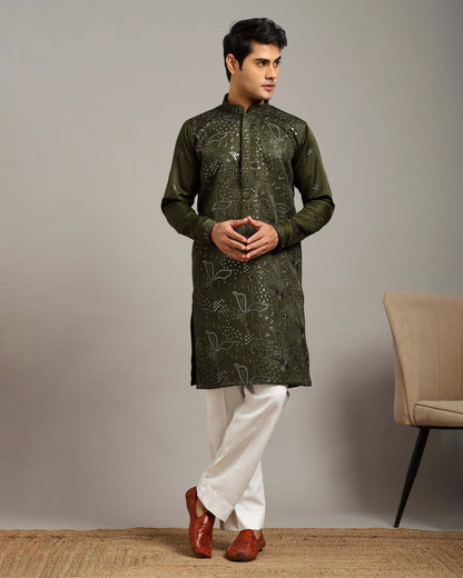 Ira Floral Embroidery Mehendi Forest Green Kurta for Men