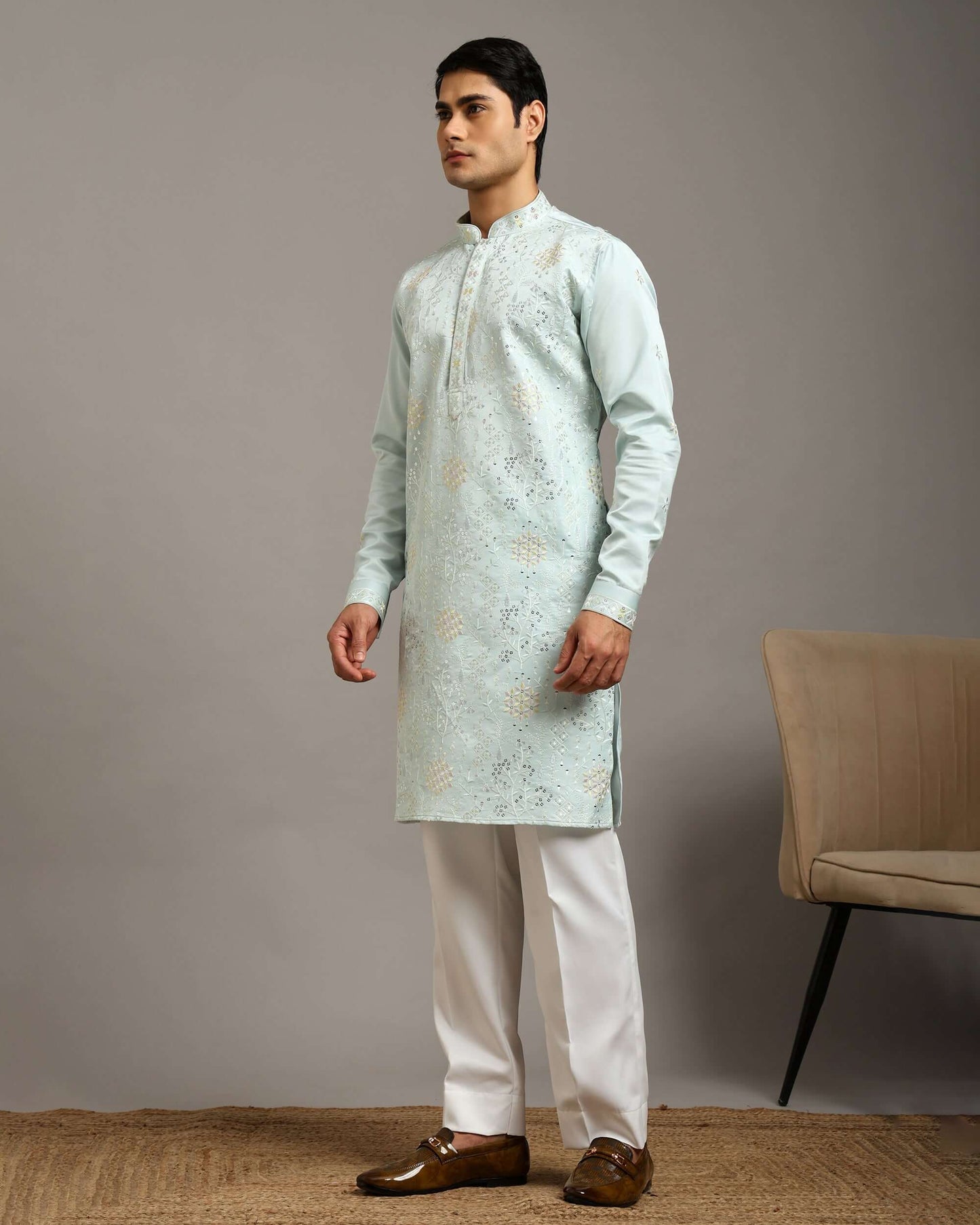 Ira Floral Embroidery Wedding Sky Blue Kurta for Men
