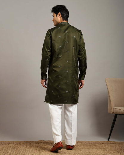Ira Floral Embroidery Mehendi Forest Green Kurta for Men