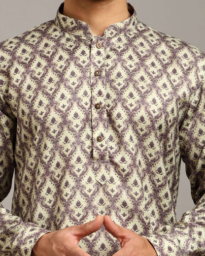 Sama Satin Printed Ivory Kurta for Men