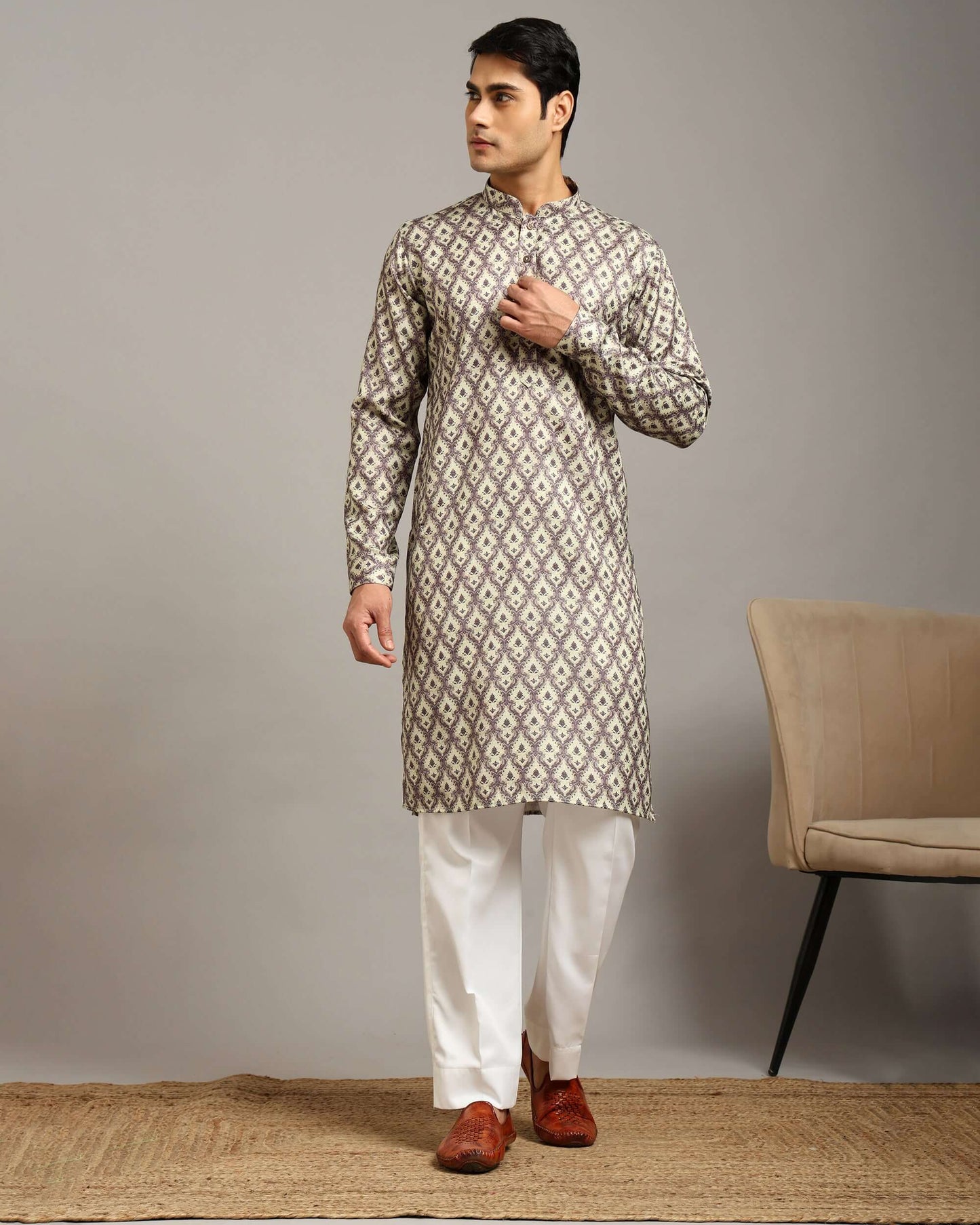 Sama Satin Printed Ivory Kurta for Men