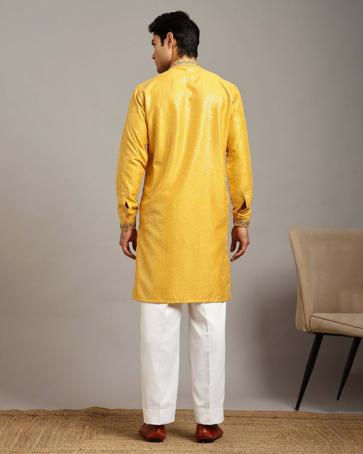 Crease India Zariya Sequin Embroidered Yellow Haldi Kurta for Men, perfect men’s kurta for haldi function, Indian day wedding, engagement ceremony and Indian cultural event, worldwide delivery available.