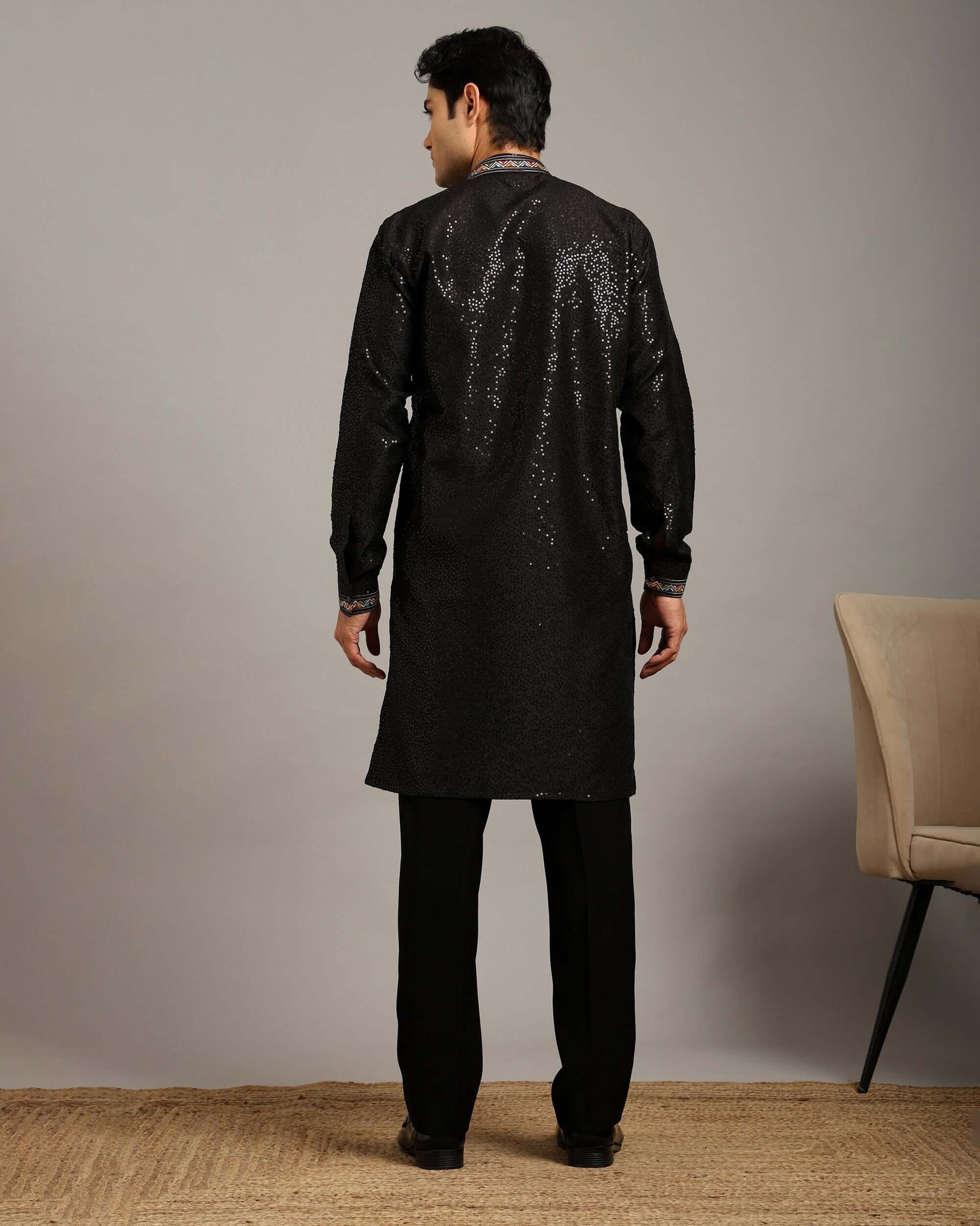 Crease India Zariya Sequin Embroidered Black Wedding Kurta for Men, perfect men’s kurta for wedding reception, cocktail party, sangeet night and Indian cultural event, worldwide delivery available.