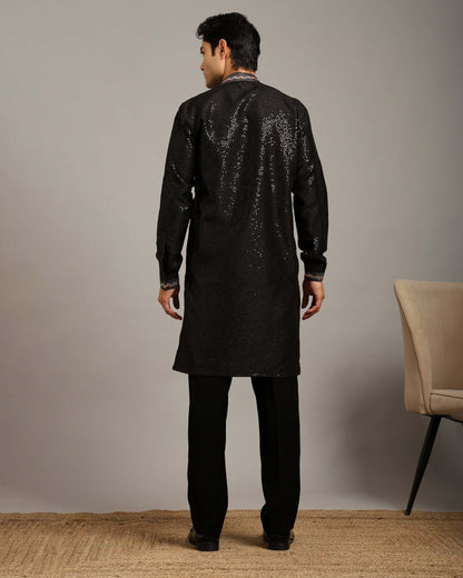 Crease India Zariya Sequin Embroidered Black Wedding Kurta for Men, perfect men’s kurta for wedding reception, cocktail party, sangeet night and Indian cultural event, worldwide delivery available.