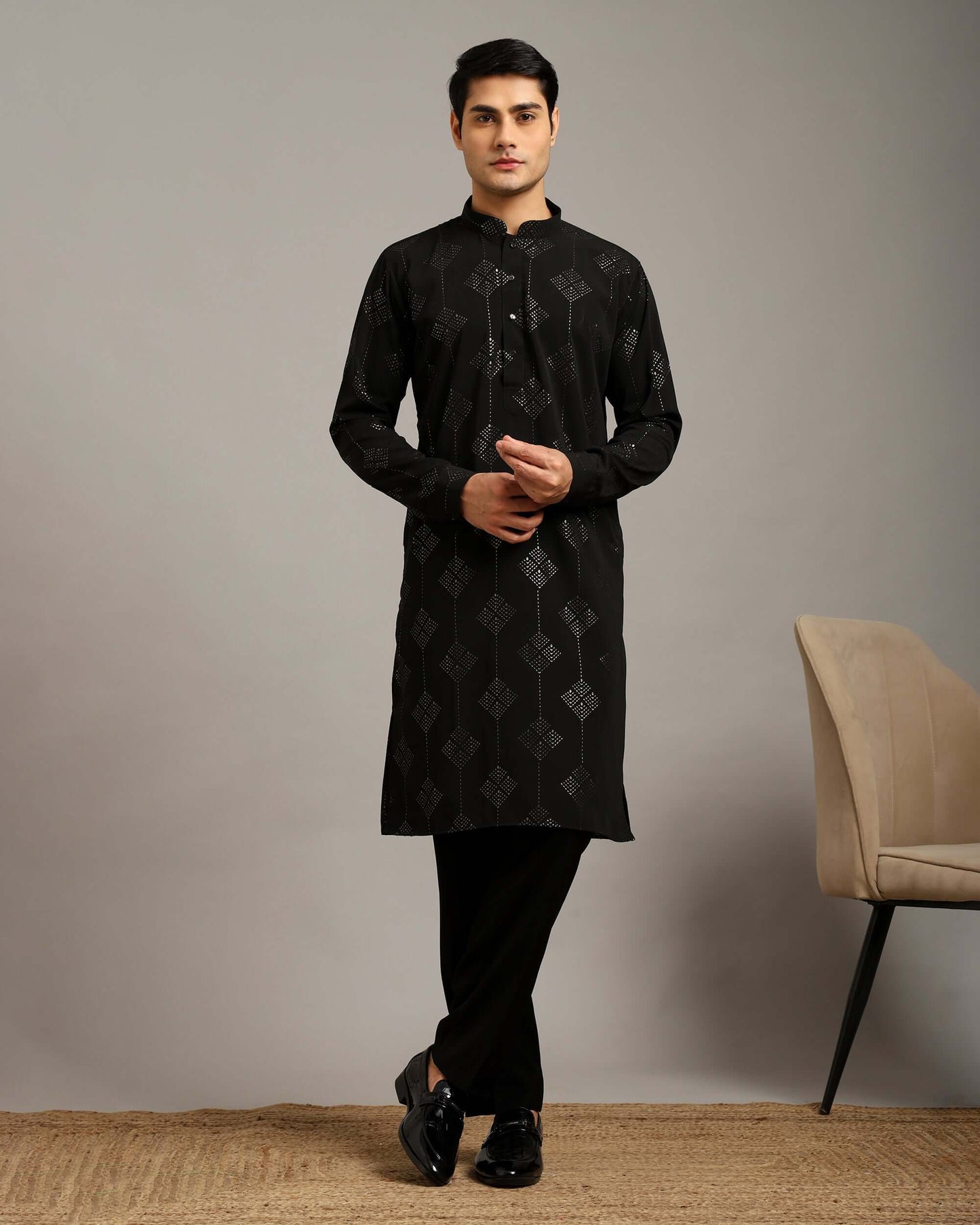 Aarv Printed Black Sangeet Kurta for Men
