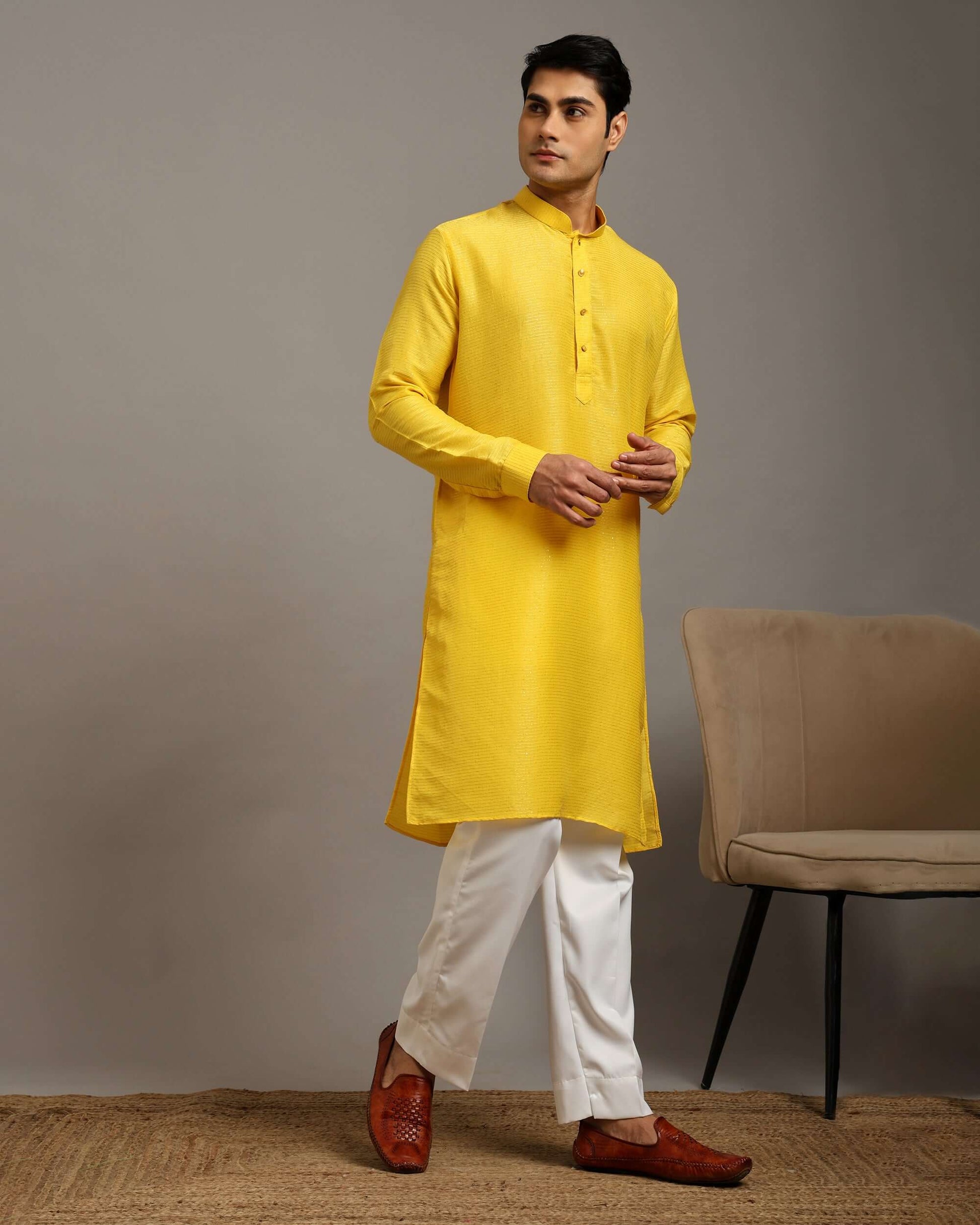 Crease India Pratha Sequin Embroidery Work Yellow Haldi Kurta for Men, perfect men’s kurta for haldi function, Indian day wedding, religious ceremony and Indian cultural event, worldwide delivery available.