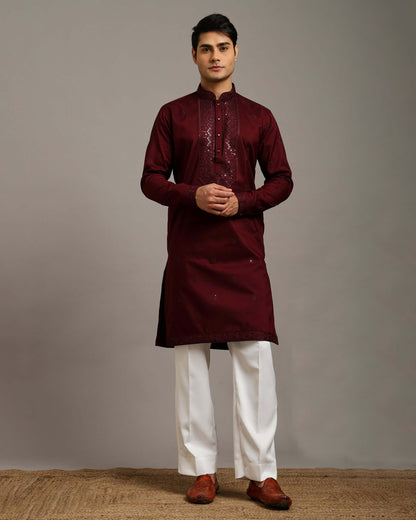 Noor Wine Wedding Kurta for Men with Embroidery Work