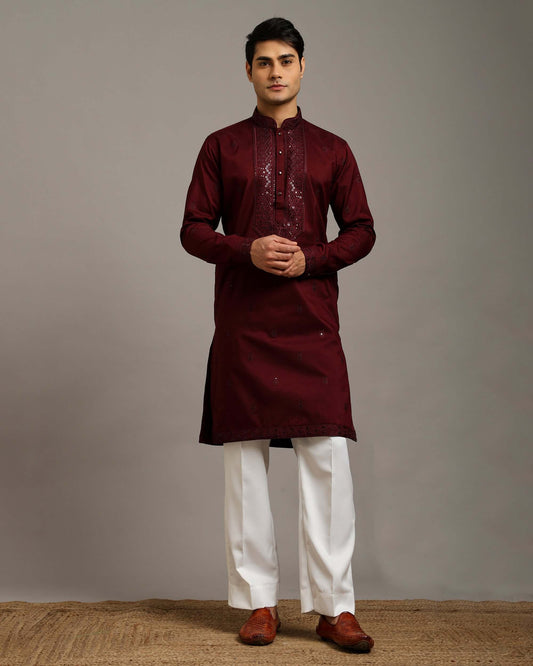 Noor Wine Wedding Kurta for Men with Embroidery Work