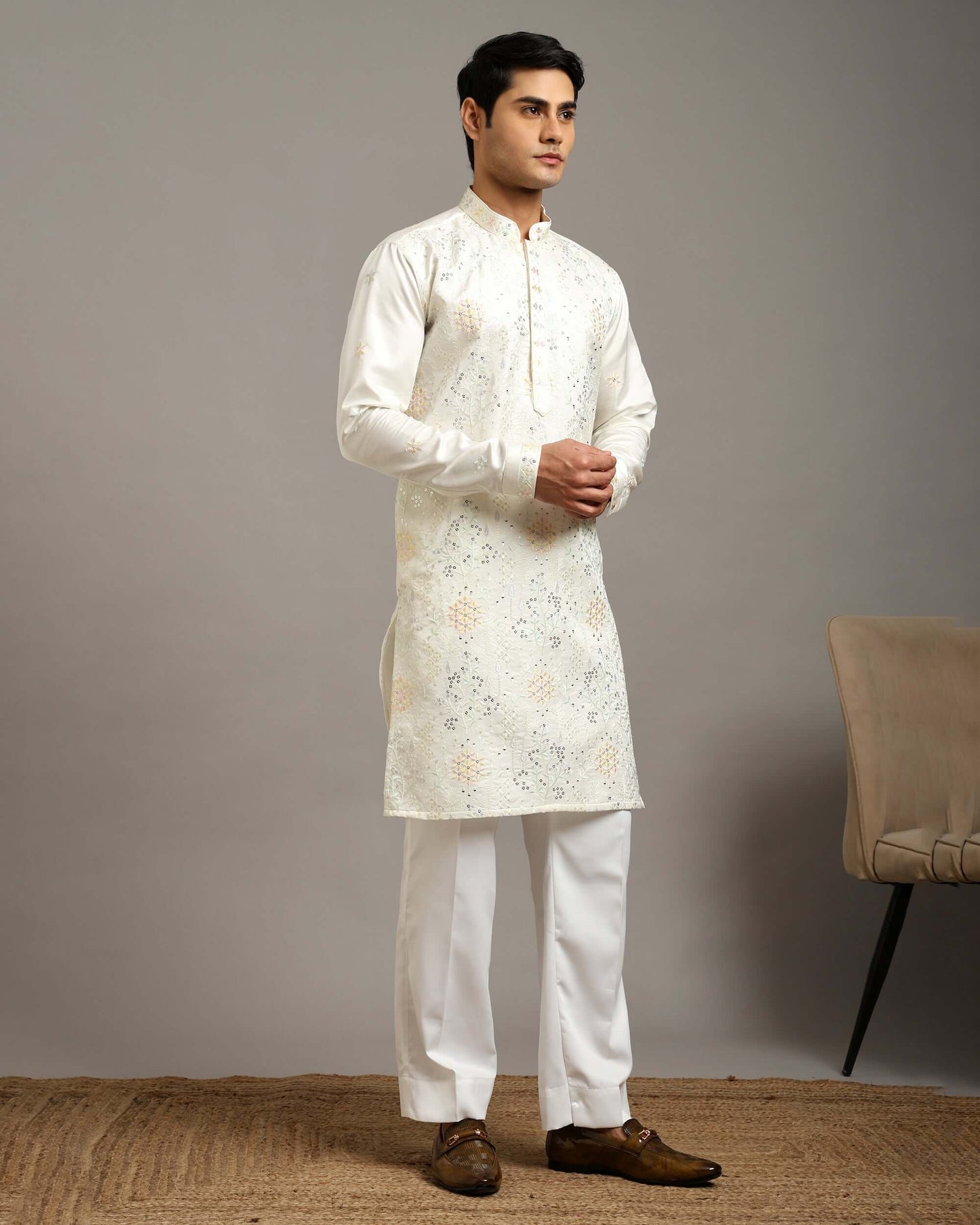 Ira Floral Embroidery Day Wedding Ivory Kurta for Men