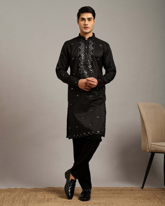Noor Black Cocktail Kurta for Men with Embroidery Work