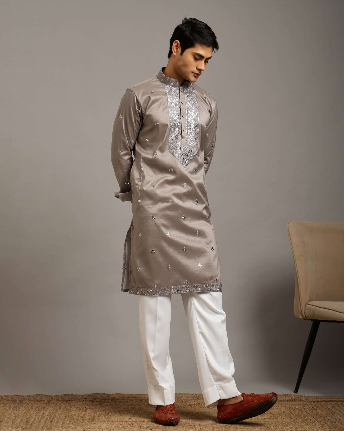 Noor Silver Grey Reception Kurta for Men with Embroidery Work
