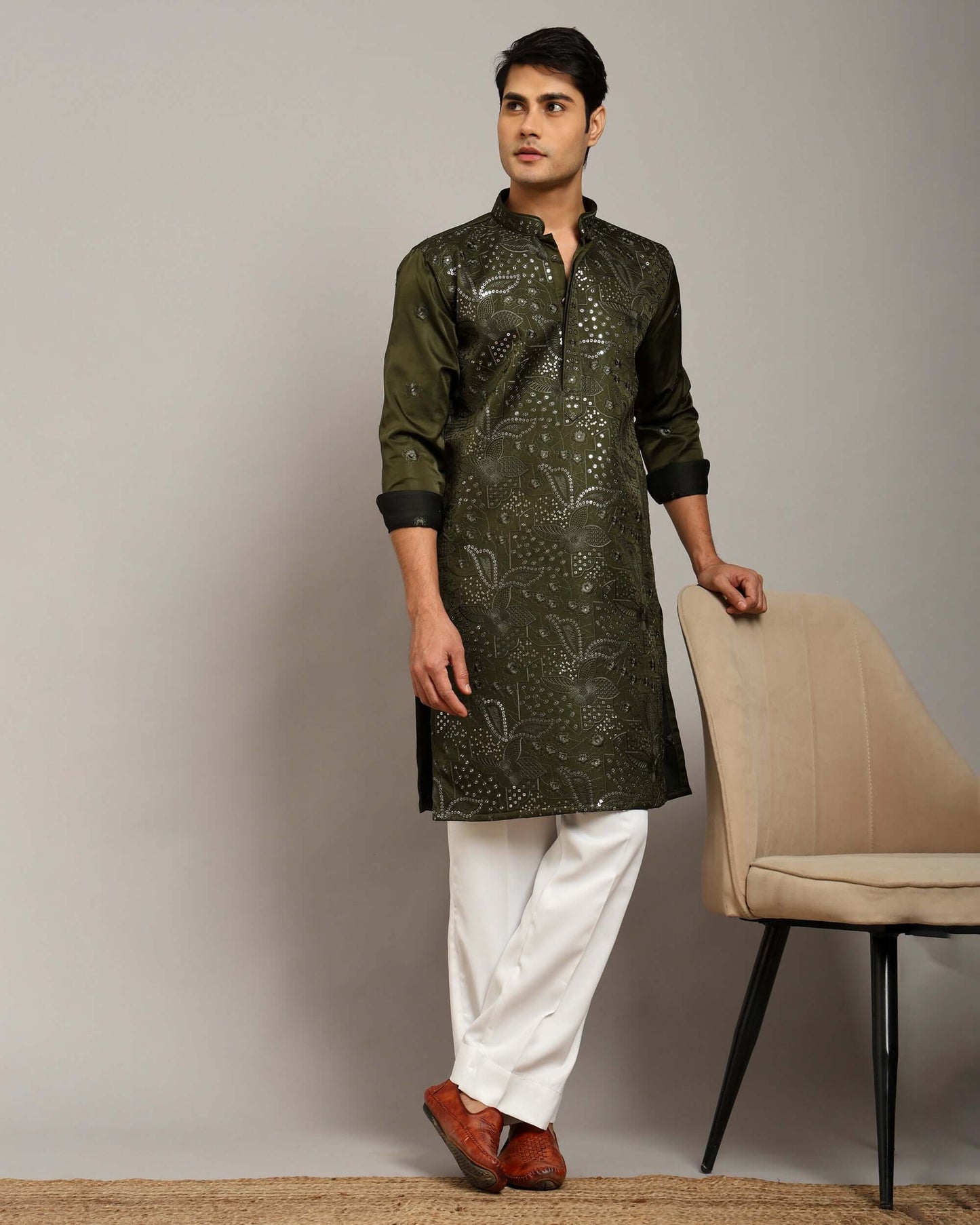 Ira Floral Embroidery Mehendi Forest Green Kurta for Men