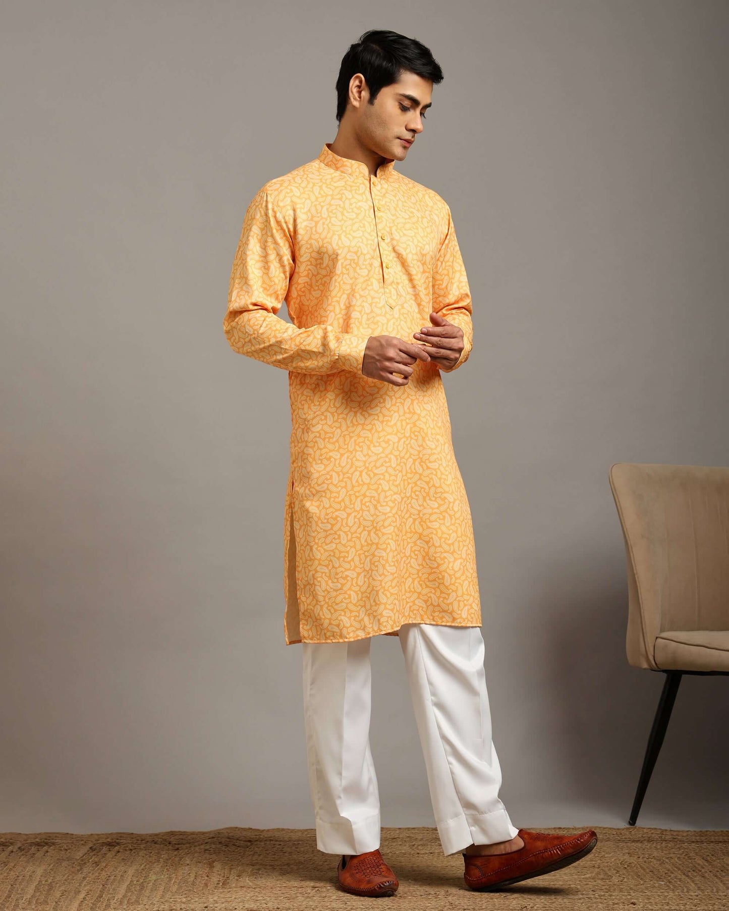 Sama Satin Printed Mustard Yellow Kurta for Men
