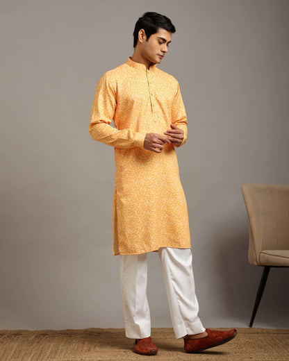 Sama Satin Printed Mustard Yellow Kurta for Men